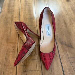 Jimmy Choo Size 39 Red Snakeskin Pointed Toe Stilettos